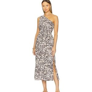 RAILS Selani Brown & White Russet Floral Print One Shoulder Midi Dress - L
